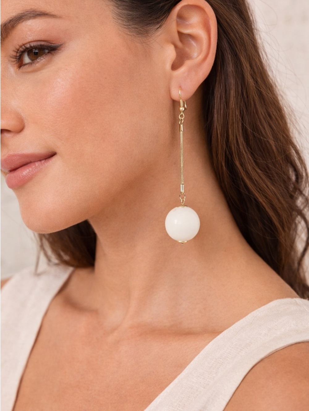 Vintage White Drop Earrings | Gold Chain Dangle | Minimalist Statement